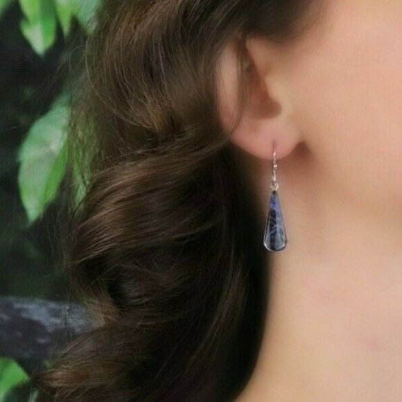 Sterling Silver Blue Sodalite Earrings Dangle Drop Earrings - Picture 2 of 7